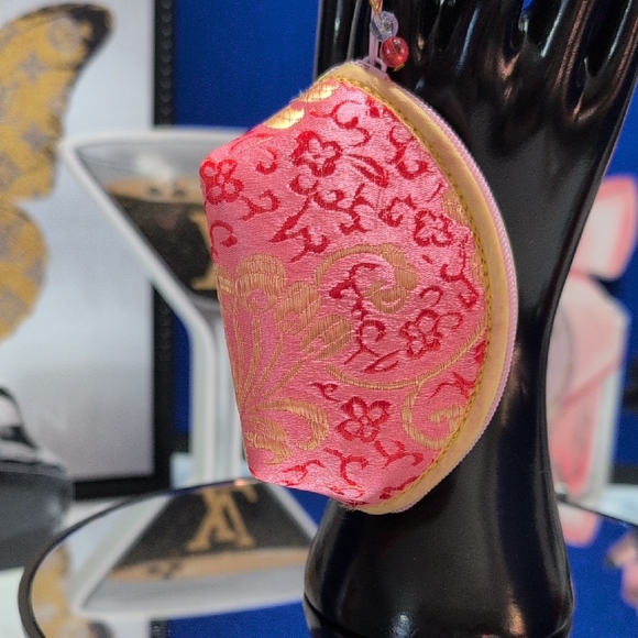 Accessories - Pink and Gold Chinese Brocade Embroidered Floral Coin Purse, Bag Charm, Keyring